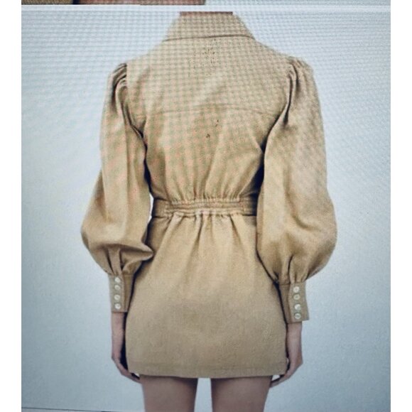 C/MEO Collective Camel Tan Dark Academia Long Puff Sleeves Office Mini Dress 6M - Picture 6 of 11